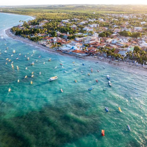 Aerial view of Porto de Galinhas beaches, Pernambuco, Brazil. Natural pools. Fantastic vacation travel. Great beach scene.
